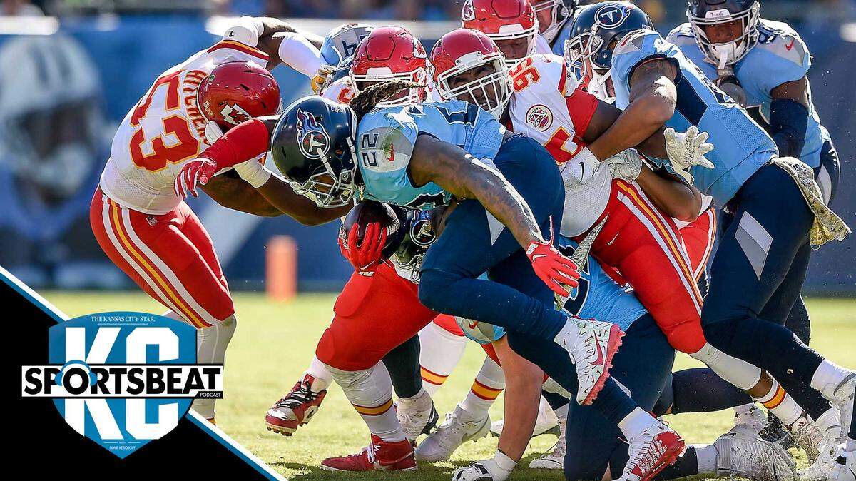 Kansas City Chiefs inside linebacker Anthony Hitchens (53) and Kansas City Chiefs defensive end Chris Jones (95) and other tried to stop Tennessee Titans running back Derrick Henry (22) during the first half of the the Kansas City Chiefs and Tennessee Titans game Sunday, Nov. 11, 2019, at Nissan Stadium in Nashville, Tennessee.