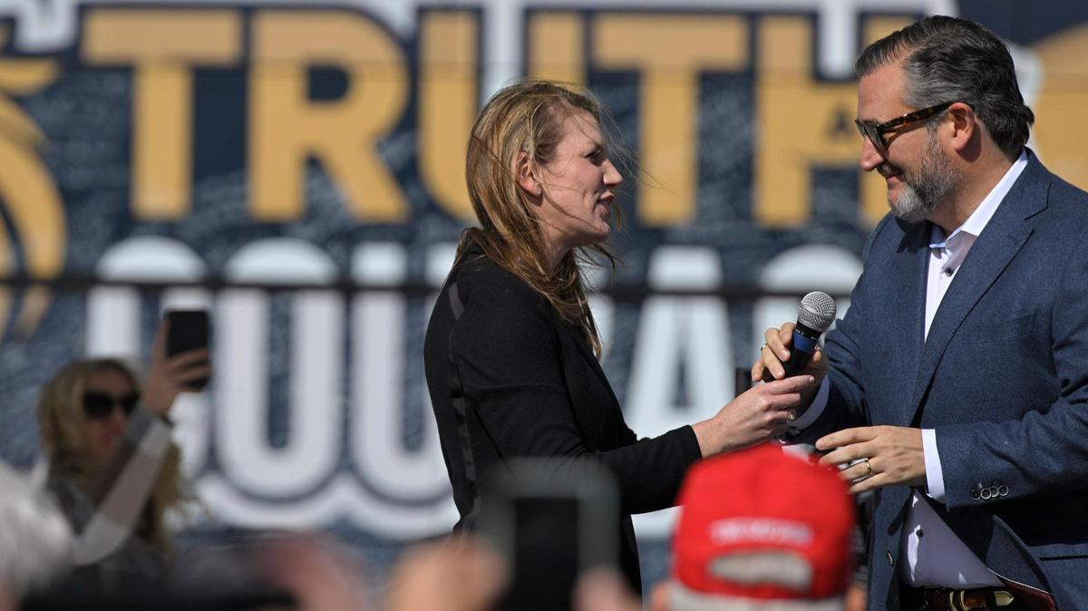 Amanda Adkins, the Republican candidate in Kansas’ 3rd Congressional District, greets Sen. Ted Cruz who made a stop Friday, Oct. 14, 2022, in Ottawa, Kansas to endorse Adkins in the November election.