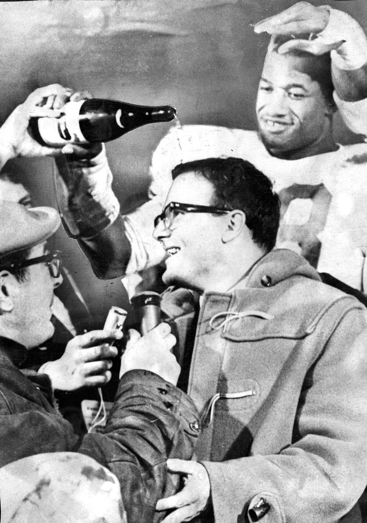 Chiefs linebacker Bobby Bell poured champagne over the head of team owner Lamar Hunt on Jan. 1, 1967, after the Chiefs won the AFL championship game. The Chiefs went on to play in Super Bowl I against the Green Bay Packers but lost.