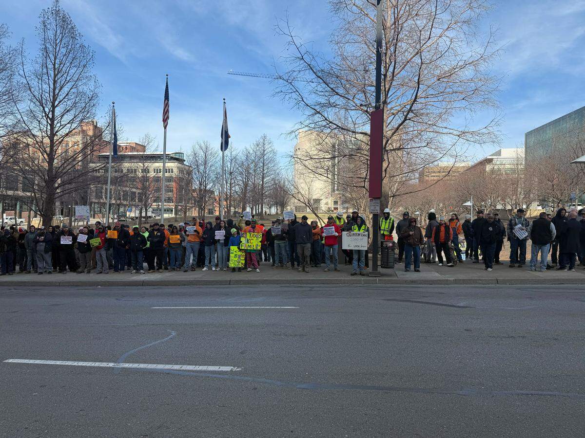 Union workers protesting across City Hall, 414 E. 12th St. on Feb. 11, 2026, asking the Kansas City Port Authority to implement fair wages and apprentice requirements on all Port KC projects.