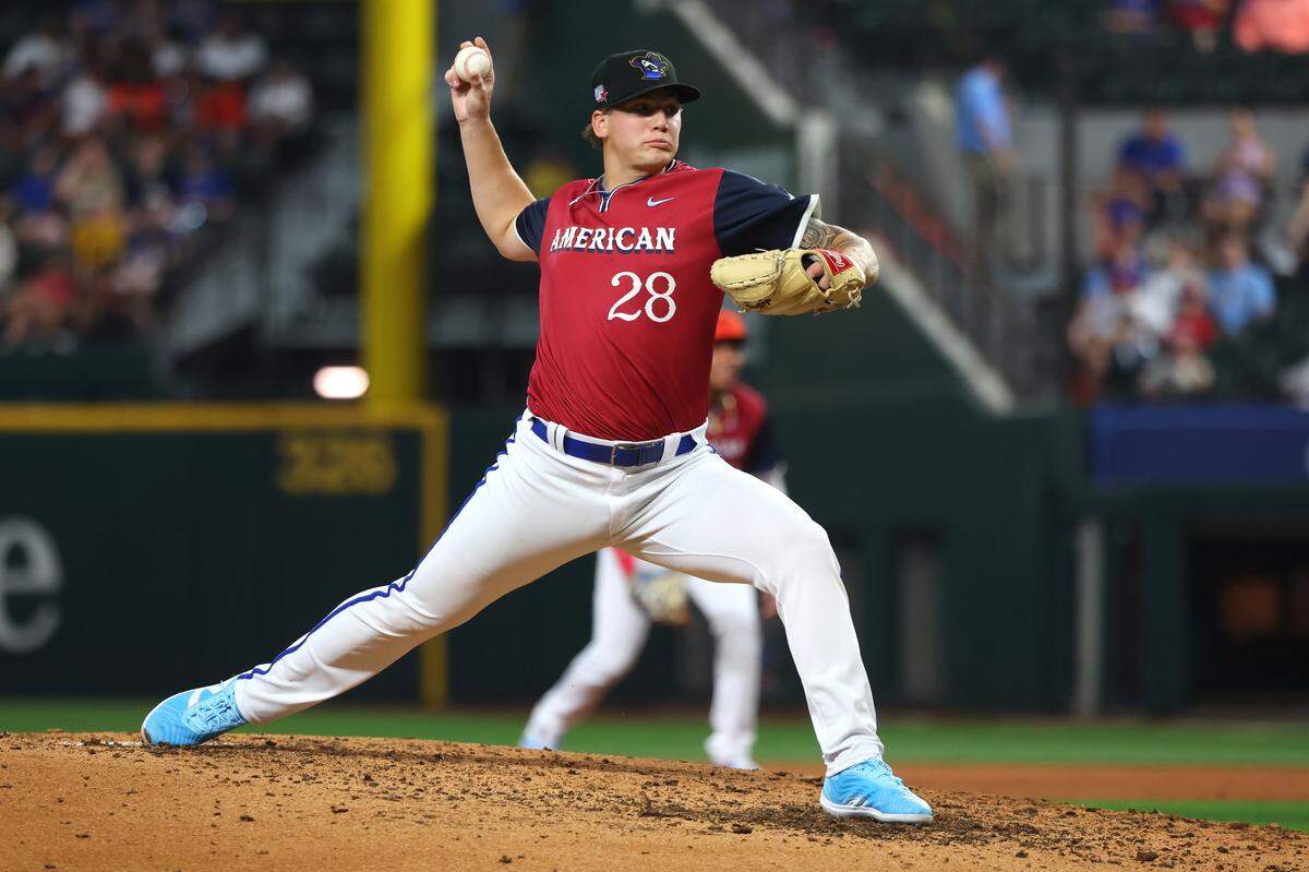 Ben Kudrna #28 of the Kansas City Royals pitches during the fifth inning of the All-Star Futures Game at Globe Life Field on July 13, 2024 in Arlington, Texas.