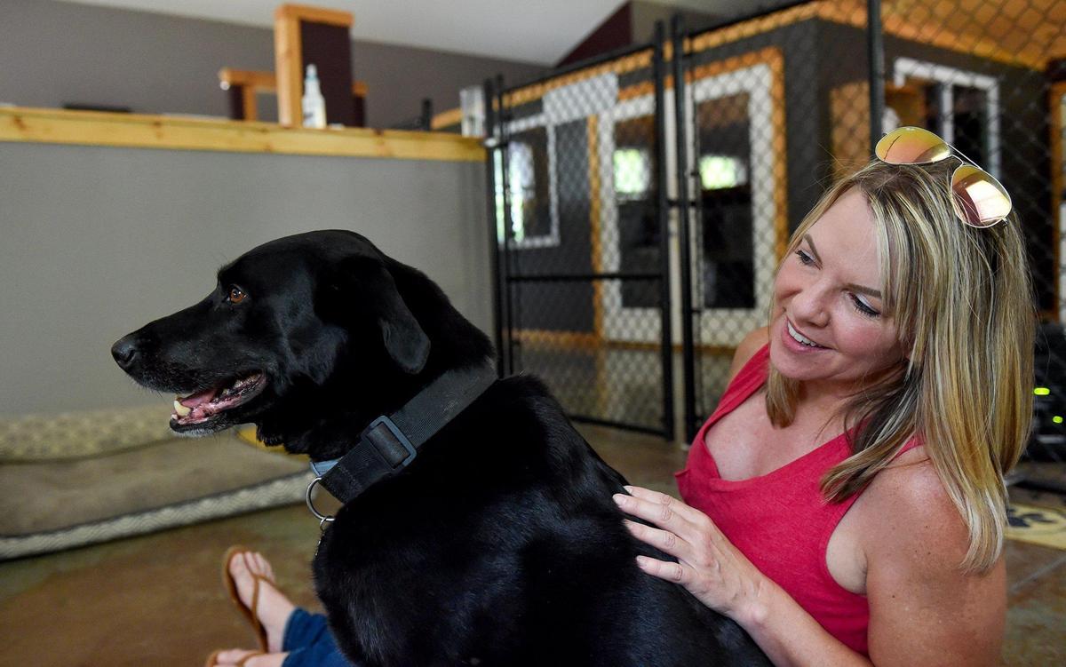 Kathryn Lask, co-founder of Imagine FURever Ranch, gives Peyton, a 14-year-old Labrador retriever, some attention Wednesday, Aug. 4, 2021.