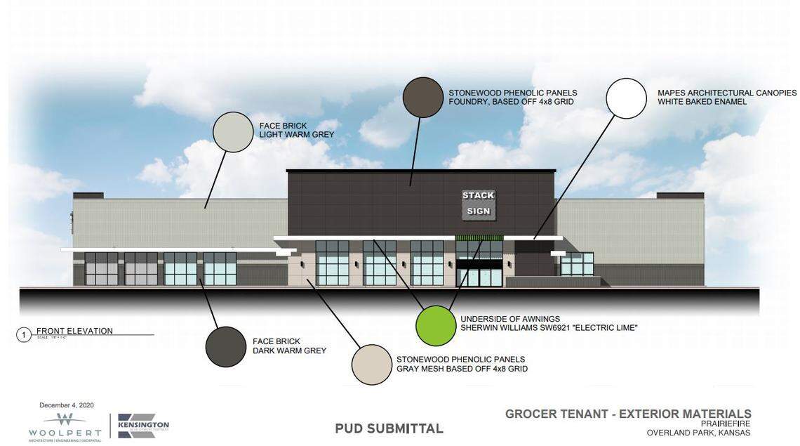 Plans for the new Prairiefire grocery store submitted to Overland Park planning.
