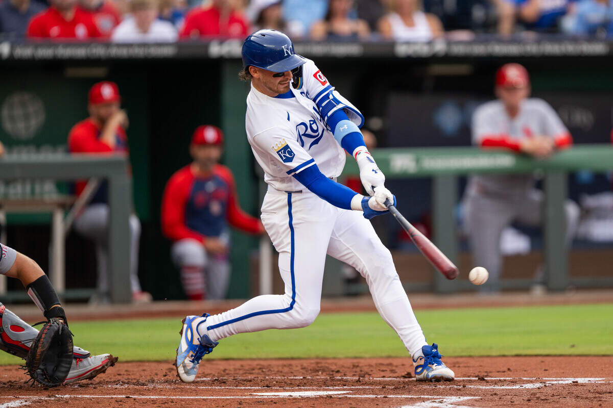 Royals shortstop Bobby Witt Jr. hits a home run during KC’s 14-6 win against the St. Louis Cardinals at Kauffman Stadium in Kansas City on Thursday, June 18, 2026.