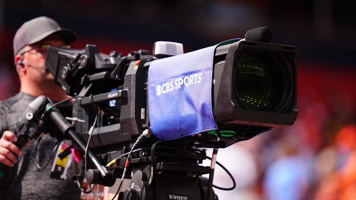 A general view of a CBS Sports broadcast camera during the first half of an NFL game at Empower Field at Mile High in Denver on Sept. 15, 2024.