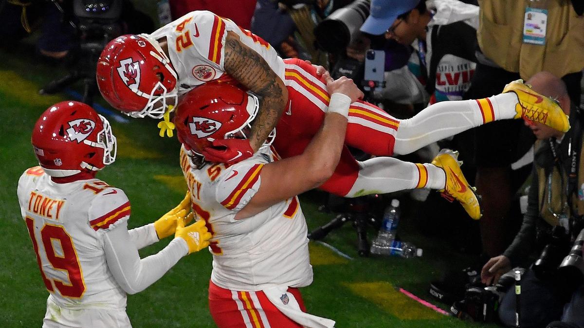 Kansas City Chiefs wide receiver Skyy Moore is hoisted into the air by teammate Creed Humphrey after scoring a touchdown during the second half of Super Bowl LVII, on Sunday, Jan. 29, 2023, in Glendale, Ariz.