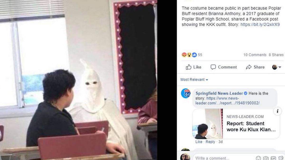A Poplar Bluff, Missouri, high school history teacher was suspended after letting a student wear this KKK robe and hood.