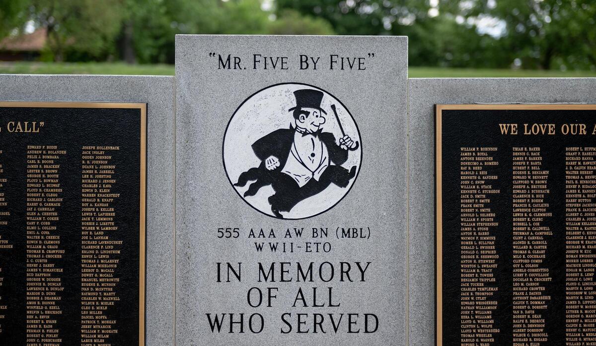 This memorial features a memorial dedicated to the 555 AAA Battalion, an antiaircraft artillary battalion that served during WWII.