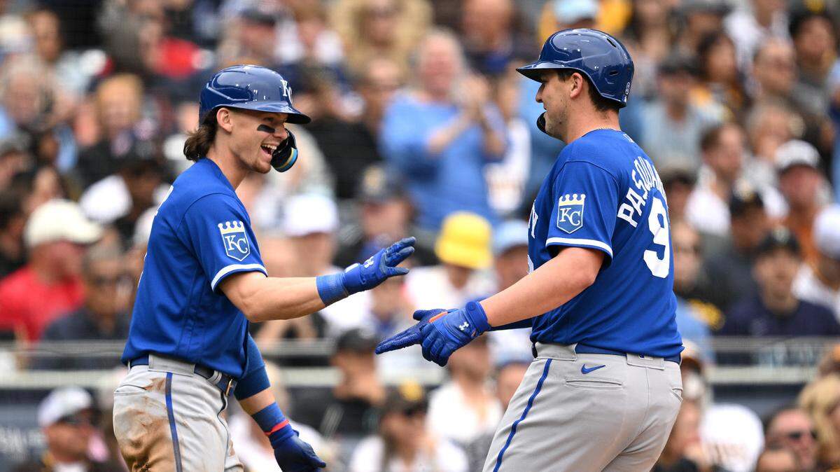 Kansas City Royals designated hitter Vinnie Pasquantino (9) celebrates with shortstop Bobby Witt (7) after hitting a two-run home run against the San Diego Padres at Petco Park on May 17, 2023.
