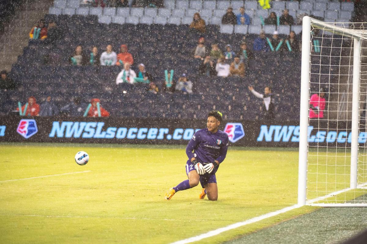 Kansas City Current goalkeeper Adrianna “AD” Franch misses a penalty shot during the first half of KC Current vs. NC Courage at Children’s Mercy Park Wednesday, May 4, 2022.