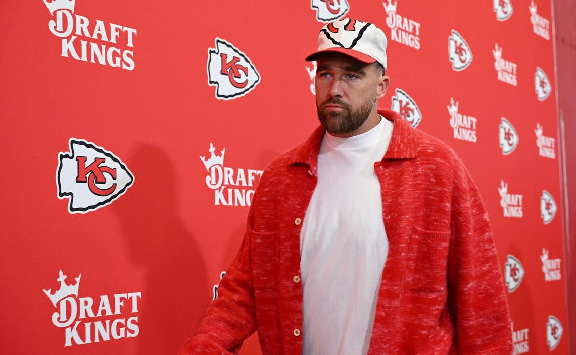 Kansas City Chiefs tight end Travis Kelce arrives on Sunday, Nov. 10, 2024, at GEHA Field at Arrowhead Stadium.