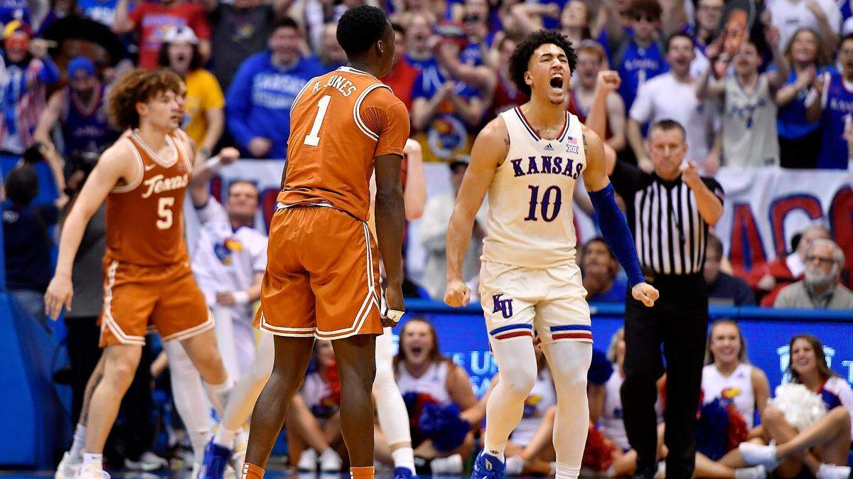 KU’s Jalen Wilson reacts to the Jayhawks 70-63 overtime win Saturday over Texas at Allen Fieldhouse.