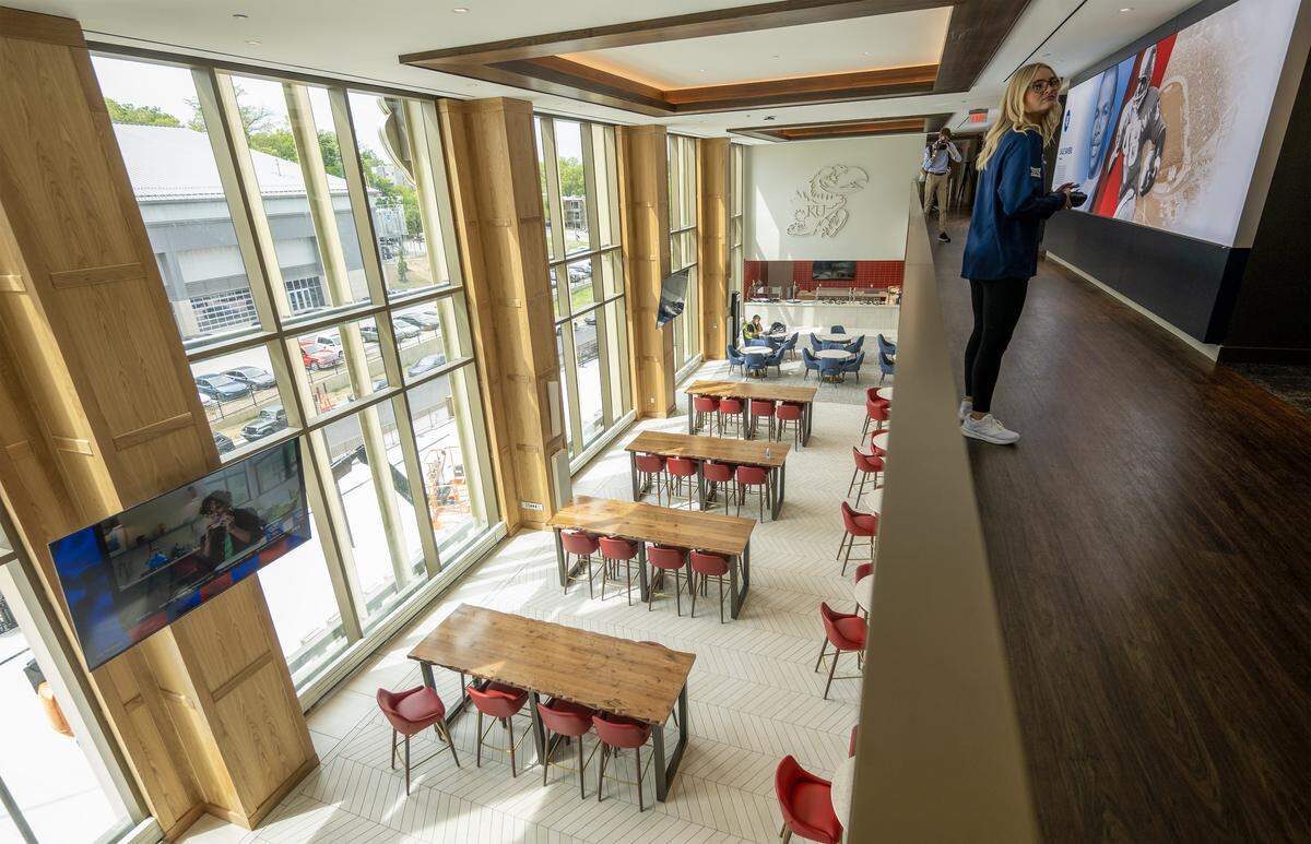 The renovated David Booth Kansas Memorial Stadium features a bright view from the Founders' level seen on Tuesday, Aug. 19, 2025, at the University of Kansas in Lawrence.  
