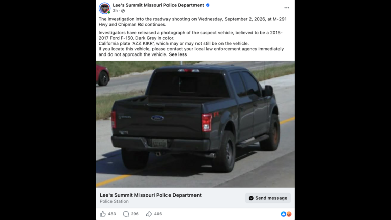 Lee’s Summit police release license plate of truck involved in highway shooting