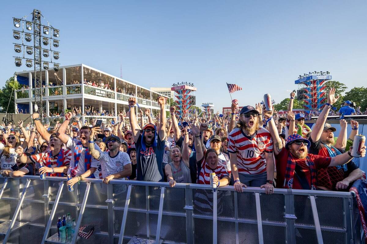 Fans cheer after the United States scores against Belgium during the first half of the round of 16 match at the FIFA Fan Festival on Monday, July 6, 2026, in Kansas City.