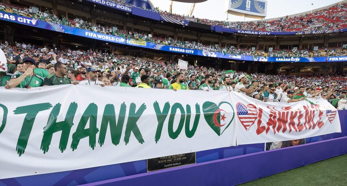 Algerian fans put up a banner expressing their gratitude of the city of Lawrence before their team's match against Austria at Kansas City (Arrowhead) Stadium in Kansas City on Saturday, June 27, 2026.