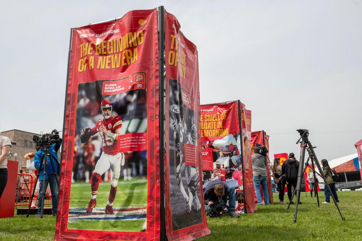 A variety of informative Kansas City Chiefs banners are displayed at the Chiefs Kingdom Experience at the NFL Draft preview on Wednesday, April 26, 2023, in Kansas City.