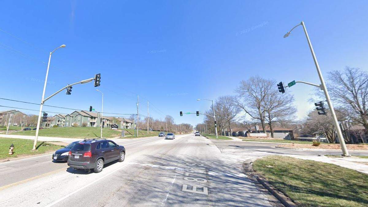 A pedestrian was struck and killed when they were hit by the driver of a Ford Mustang while crossing East 87th Street in Kansas City on April 3, 2022, Kansas City police said. A Google Maps street view image from March 2019 shows the general area.