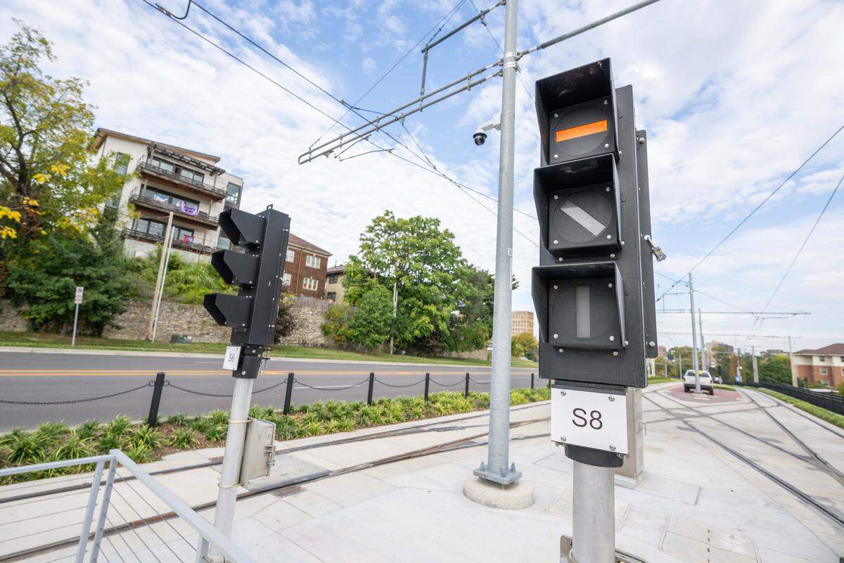 Newly installed train traffic lights are in working order during a preview ride of the Main Street extension, on Oct. 15, in Kansas City. The Main Street extension is undergoing finishing touches and will open to the public Oct. 24.