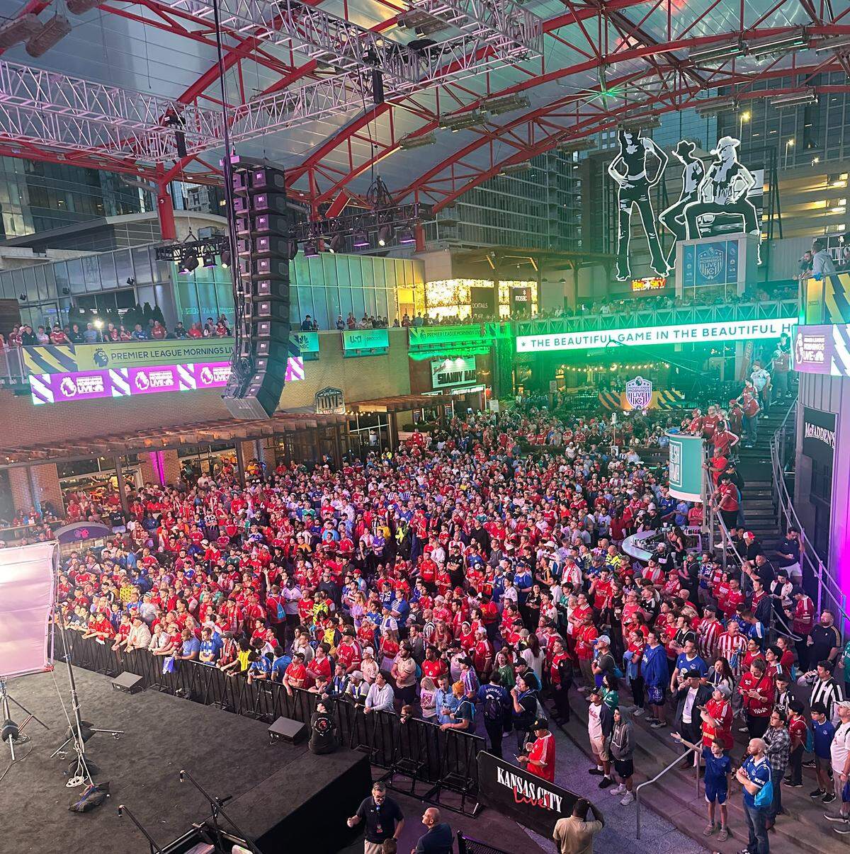 Soccer fans from Kansas City (and beyond) gathered early at KC Power & Light, with doors opening at 5 a.m. for the Premier League Fan Fest on Saturday, Sept. 20, 2025. Fans lined up as early as 2 a.m.