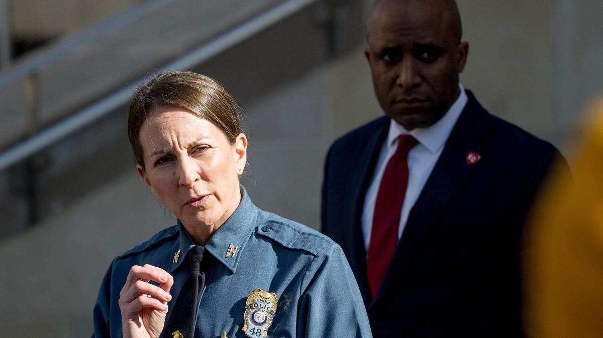 Kansas City Police Chief Stacey Graves speaks during a press conference about the Chiefs Super Bowl parade shooting on Thursday in Kansas City.