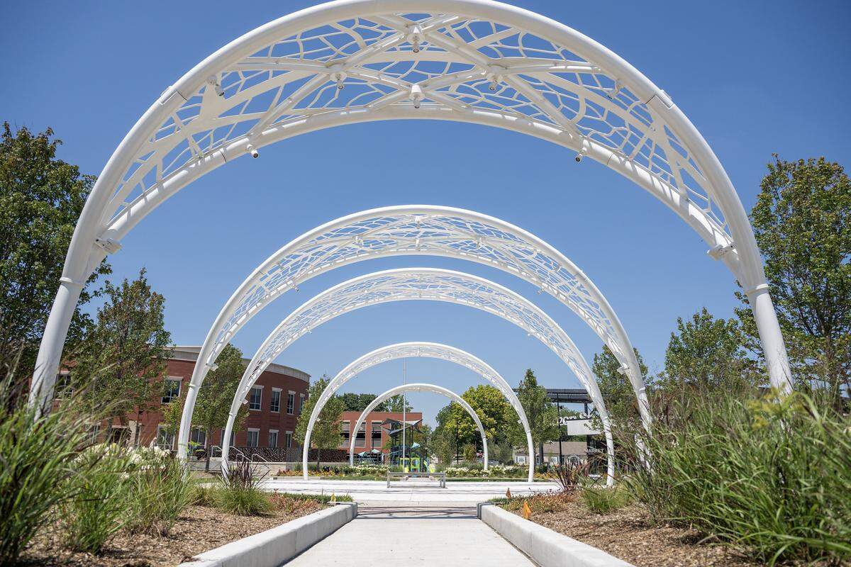 A view of the landscaping and structural arches at the Green Street development is seen on Tuesday, Aug. 5, 2025, in Lee's Summit,