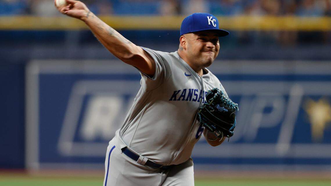 Kansas City Royals pitcher Max Castillo throws to a Tampa Bay Rays batter during the first inning of a baseball game Thursday, Aug. 18, 2022, in St. Petersburg, Fla. (AP Photo/Scott Audette)
