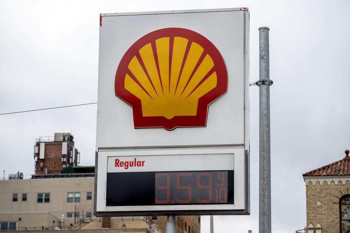 The Shell gas station at 3742 Main St., displays the price of regular gasoline on Thursday, April 23, 2026, in Kansas City.