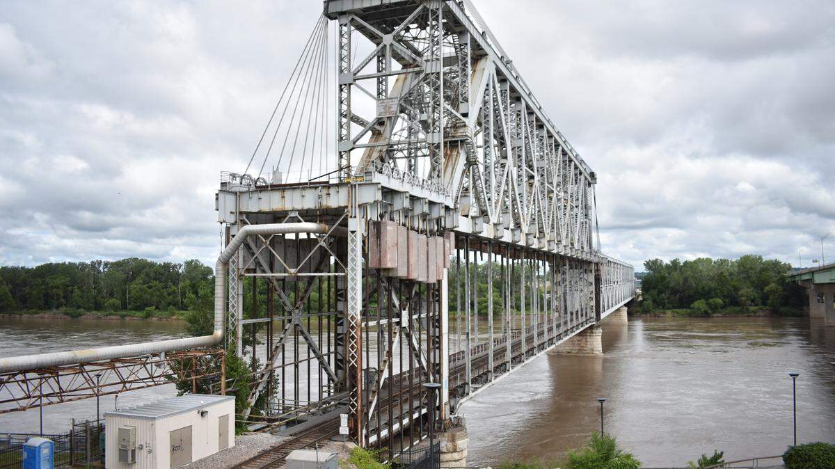 The ASB Bridge, a historic railroad bridge over the Missouri River just west of the Heart of America Bridge, is seen on Wednesday, June 26, 2024.