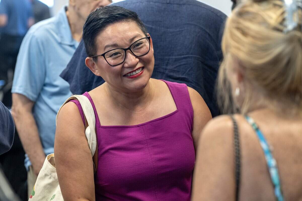 Mo. Representative Emily Weber speaks to residents about the proposed Costco Linwood Business Center zoning changes during a public meeting at the Westport Library Tuesday, July 7, 2026, in Kansas City.