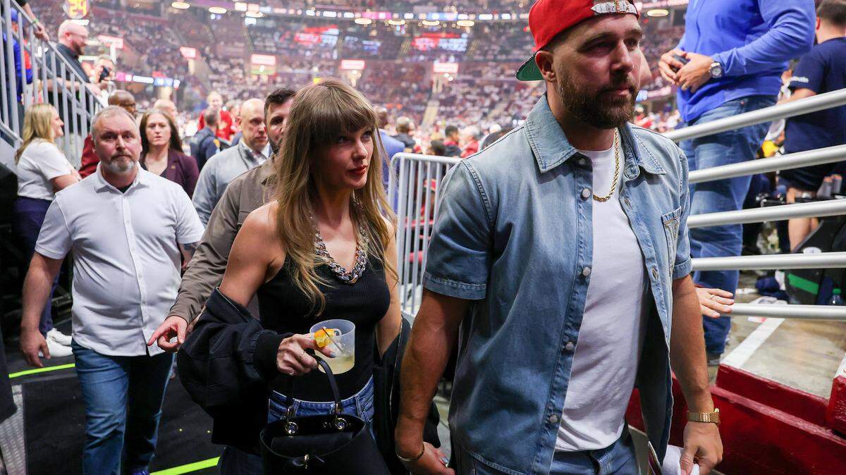 Taylor Swift and Travis Kelce attend Game Three between the New York Knicks and the Cleveland Cavaliers in the NBA Eastern Conference Finals at Rocket Arena on May 23, 2026 in Cleveland.