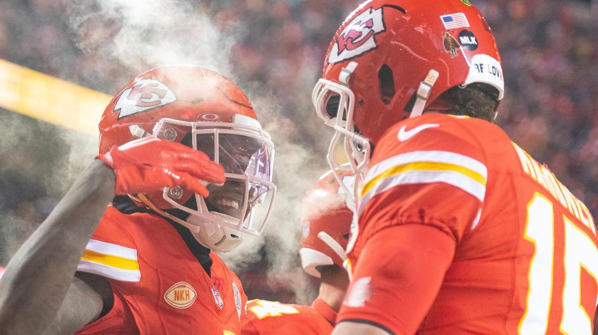 Kansas City Chiefs wide receiver Rashee Rice (4) celebrates a touchdown reception with quarterback Patrick Mahomes (15) during an AFC Wild Card game against the Miami Dolphins at GEHA Field at Arrowhead Stadium on Saturday, Jan. 13, 2024, in Kansas City.