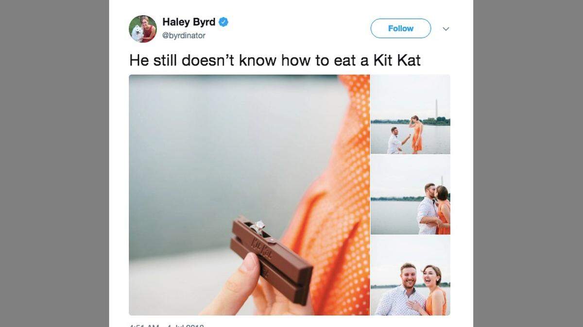 Haley Byrd held up her boyfriend to public scorn last month when she tweeted a photo of how he ate a Kit Kat bar. But Evan Wilt got her back by proposing to her with a Kit Kat "ring box" the Kit Kat folks designed for him.