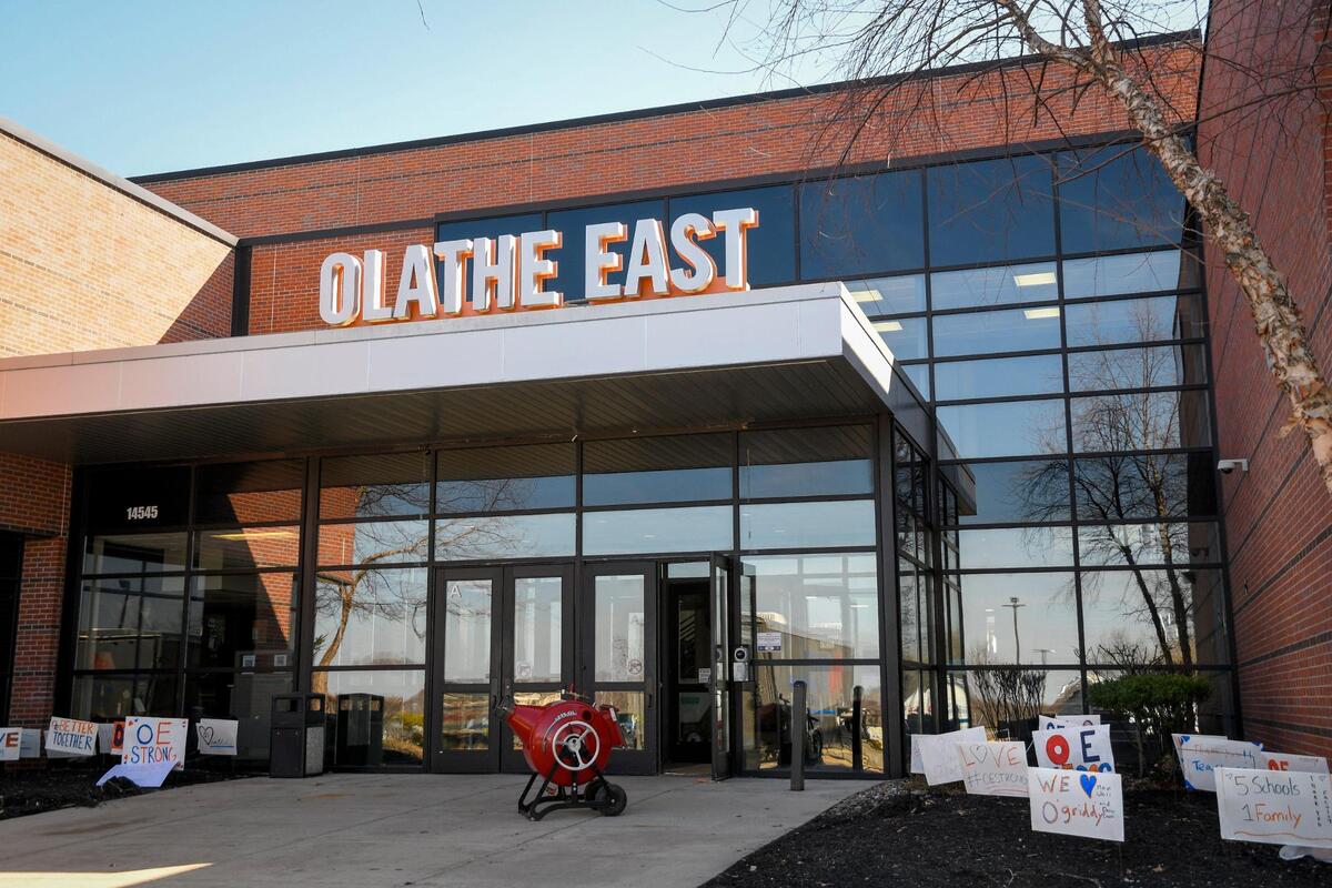 After the March 4 shooting at Olathe East High School, signs of support were placed outside the entrance.