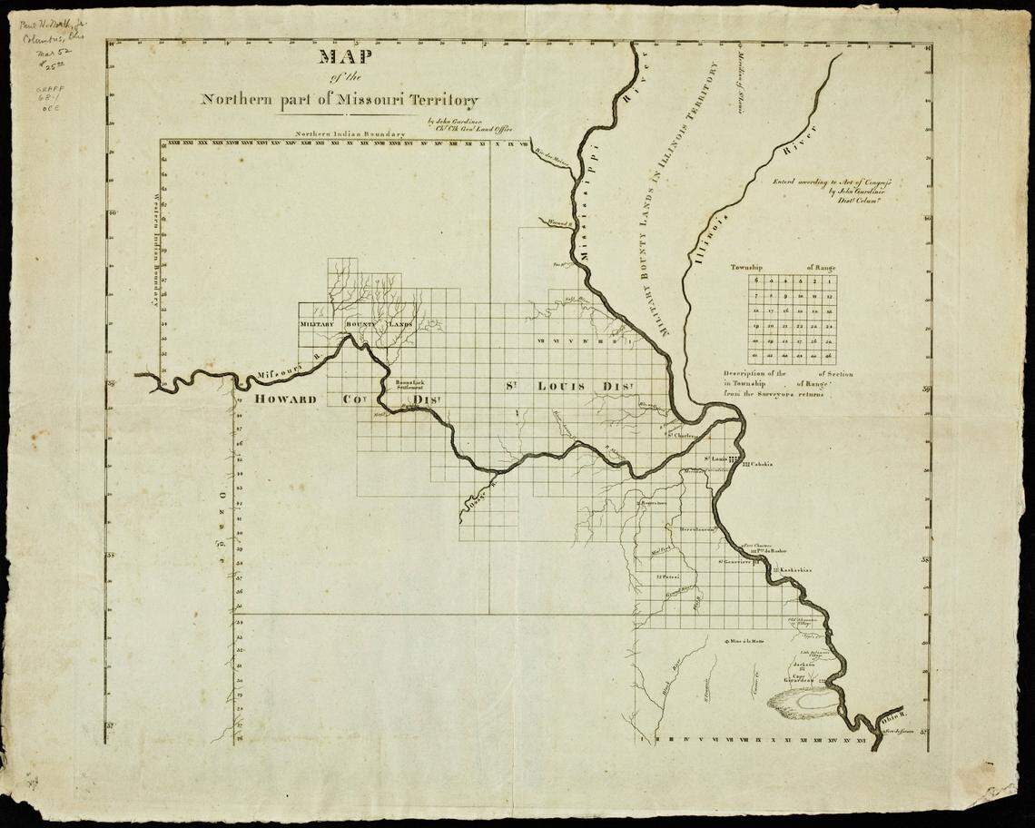 Map showing the first western and northern borders of Missouri. The border with the Osage Nation at that time is shown stretching south from Fort Osage east of modern-day Kansas City. Missouri’s northern border, beginning at the Sullivan Line and stretching east to the Des Moines River, can also be seen, 1817