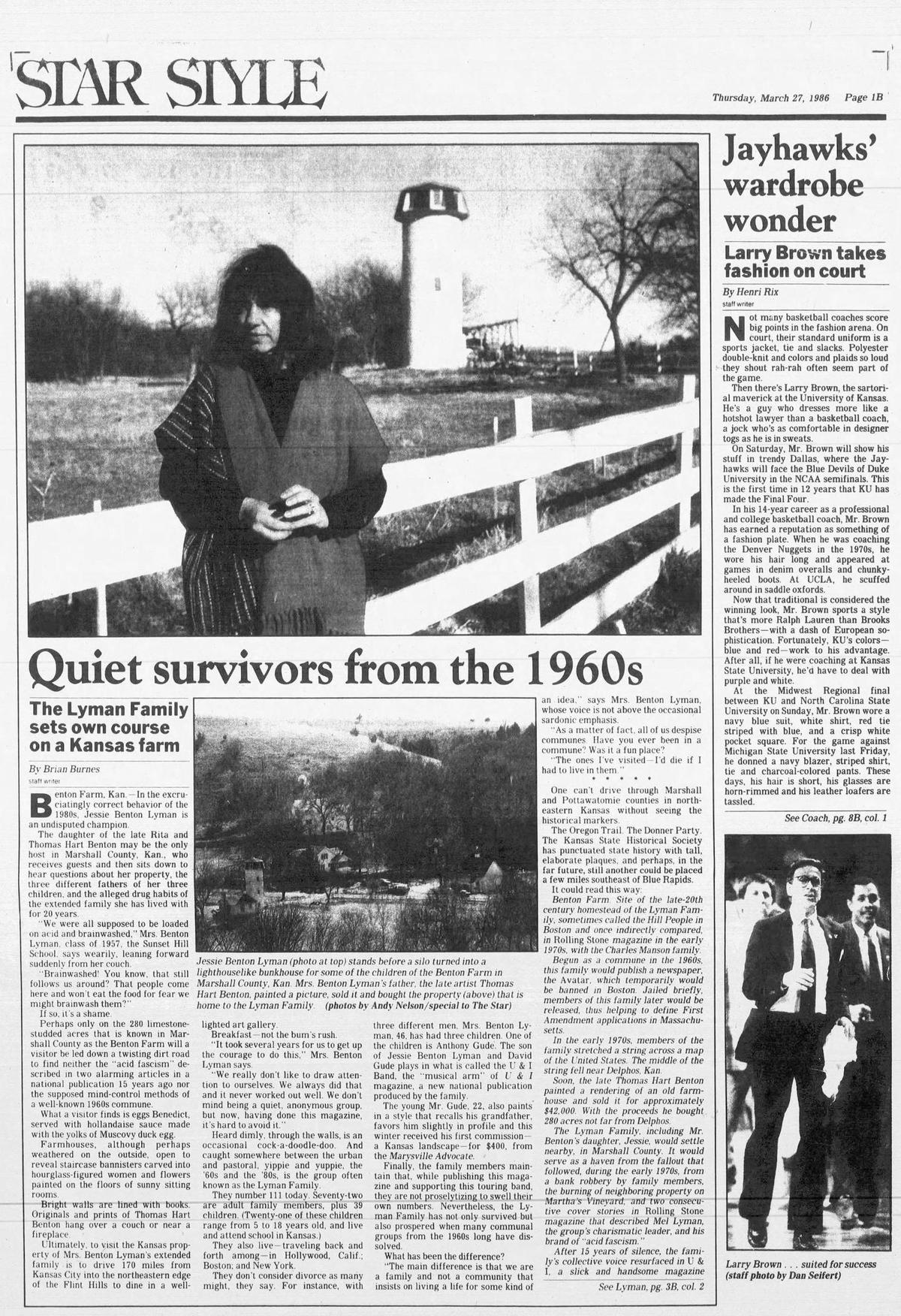 The March 27, 1986 edition of The Kansas City Star included a story about Jessie Benton and the Lyman Family.
