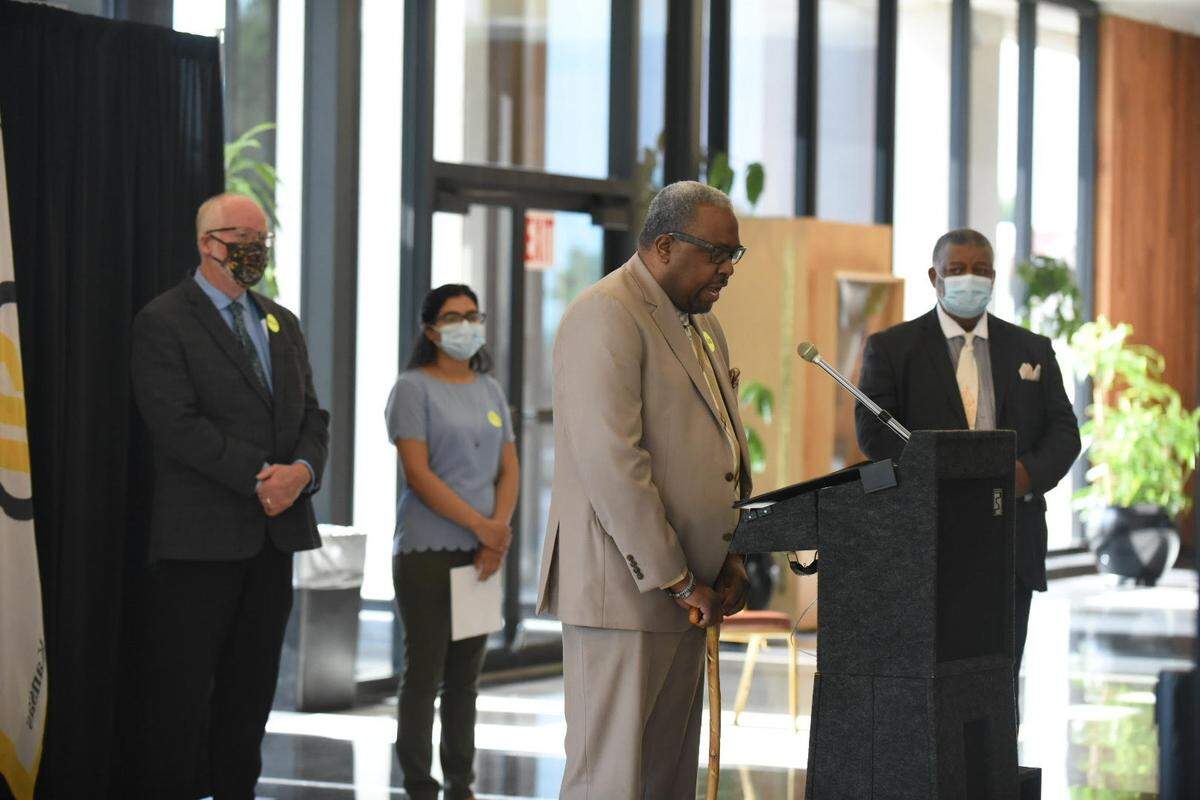 Wyandotte County Commissioner Harold Johnson discusses the goals of The Task Force on Community and Police Relations during a Monday, June 6, 2020, press conference at city hall.