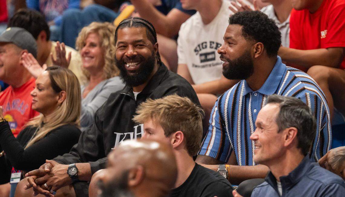 Former Kansas Jayhawks players Marcus and Markieff Morris attend at Late Night in the Phog, on Friday, October 17, 2025, in Lawrence.