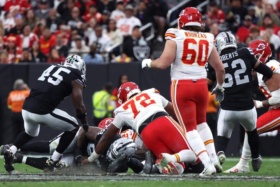 JJ Pegues of the Raiders recovers a fumble during an NFL Week 18 game against the Kansas City Chiefs at Allegiant Stadum in Las Vegas on Sunday, Jan. 4, 2026.