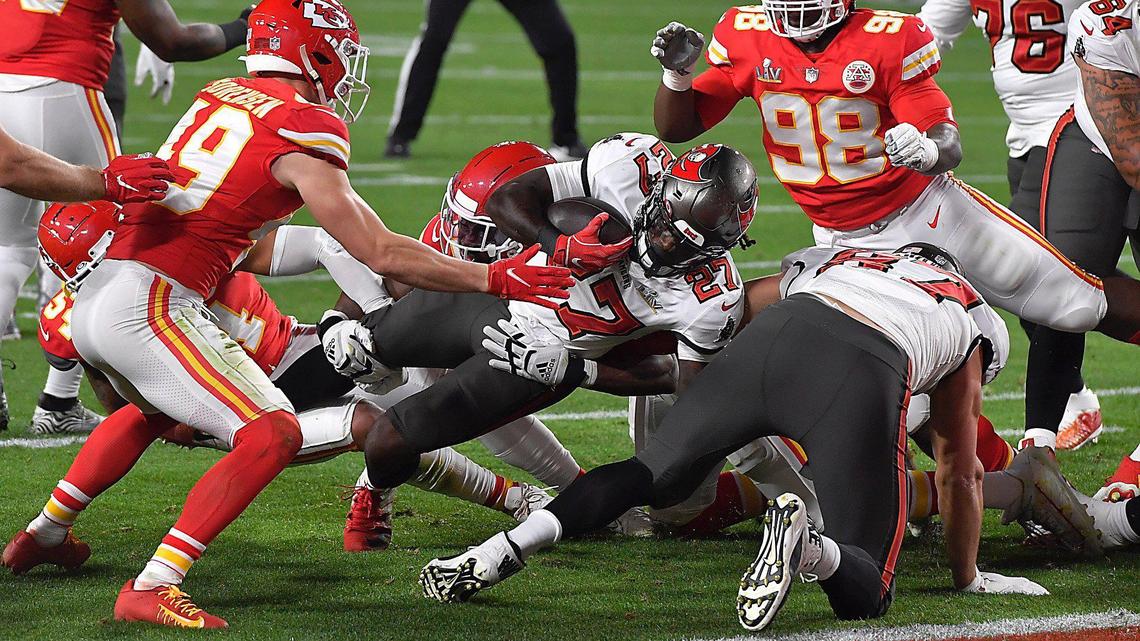The Kansas City Chiefs’ defense stops Tampa Bay Buccaneers running back Ronald Jones from reaching the end zone on fourth down in the second quarter Sunday, February 7, 2021, at Super Bowl LV at Raymond James Stadium in Tampa, Florida.
