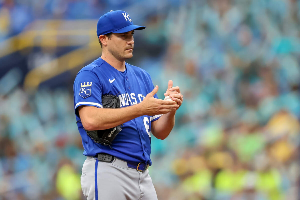 Kansas City Royals starter Seth Lugo reacts after giving up a home run to Tampa Bay Rays star Junior Caminero during the first inning of a baseball game at Tropicana Field on June 25, 2026 in St. Petersburg, Florida.
