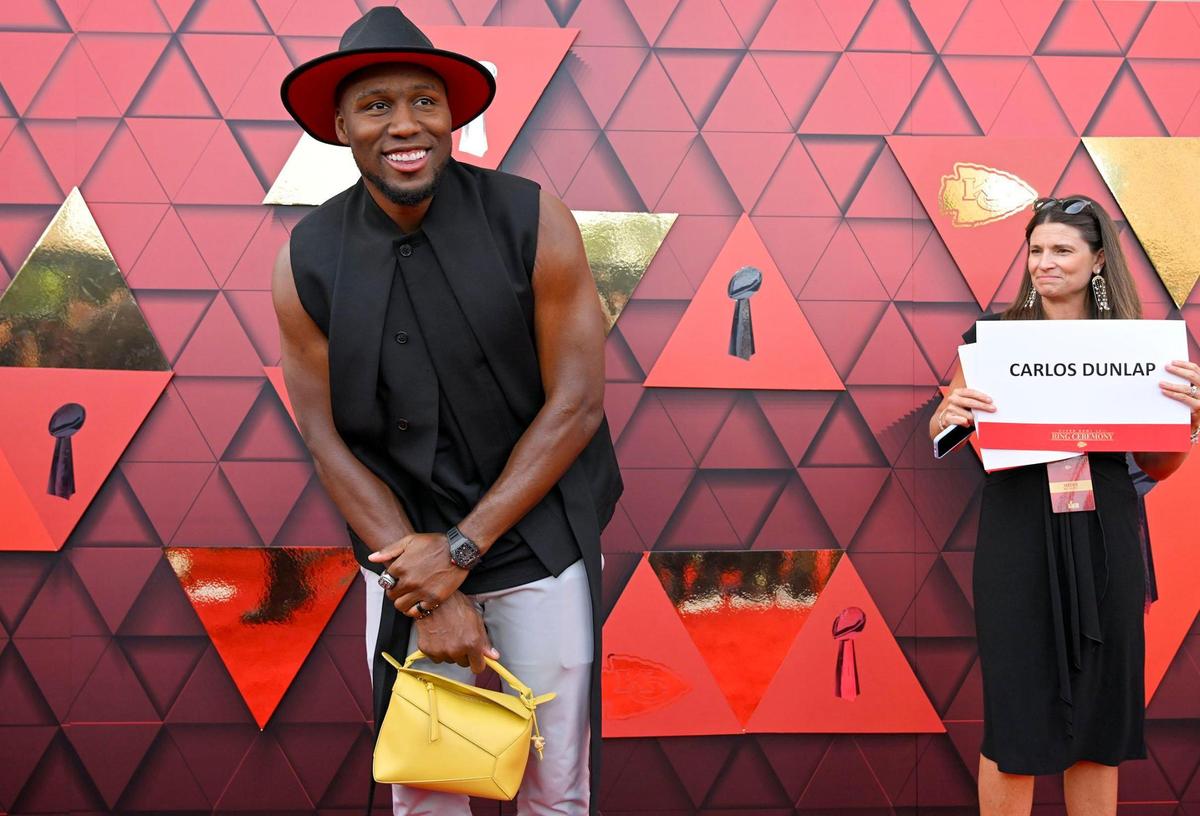 Kansas City Chiefs defensive end Carlos Dunlap hit the red carpet at Union Station arriving for the Super Bowl LVII championship ring ceremony on Thursday, June 15, 2023, in Kansas City.