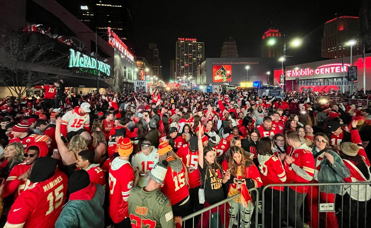 Kansas City Chiefs fans pack Grand Blvd. in downtown Kansas City after the Chiefs won Super Bowl LVII on Sunday, Feb. 12, 2023.