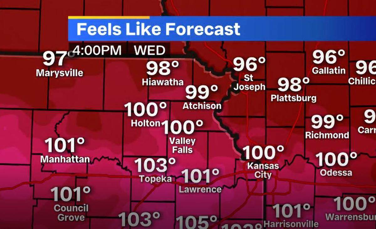 The heat index in the Kansas City metro is expected to register at about 100 degrees Wednesday with the hottest indexes measuring south of Kansas City, said Fox 4 meteorologist Karli Ritter.