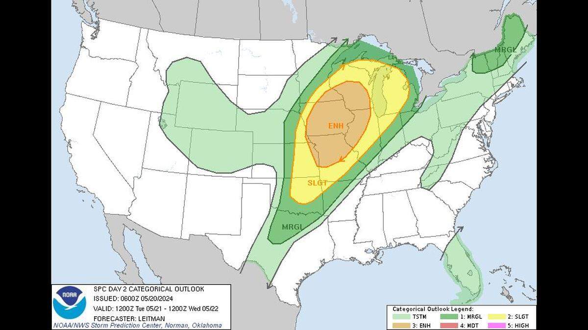 The National Weather Service’s Storm Prediction Center has placed the Kansas City area under an enhanced risk of severe storms on Tuesday. Other cities in the enhanced risk area include Madison, Wisconsin, Des Moines, Iowa, and Rockford, Illinois.&nbsp;