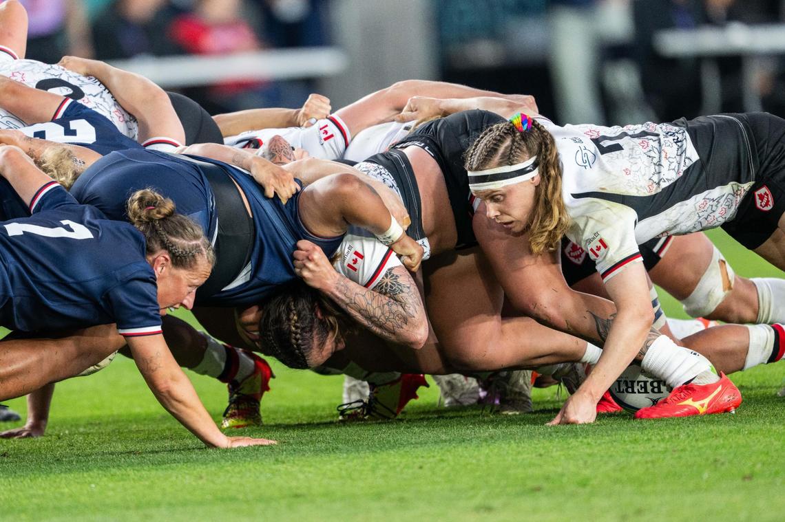 A scrum takes place during the Team USA vs. Canada rugby match at CPKC Stadium on Friday, May 2, 2025. Canada won the match 26-14.