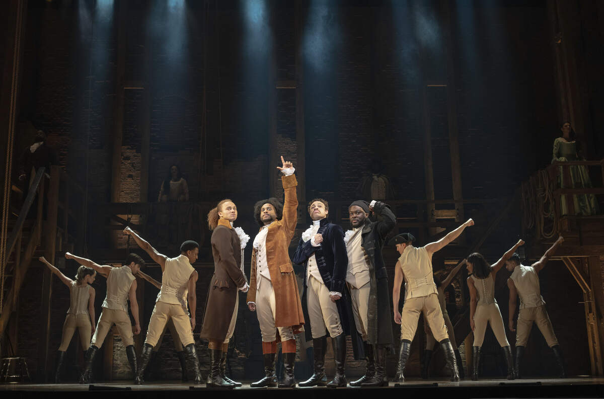 From left, Nathan Haydel, Tyler Fauntleroy, Jared Howelton and Elvie Ellis star in “Hamilton,” which will play Feb. 18-March 1, 2026, at the Music Hall.
