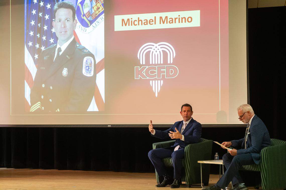 Mike Marino, a candidate for KCFD Chief, responds to a question during a public forum at the Truman Forum Auditorium at the Kansas City Public Library, on Thursday, December 4, 2025. Candidates answered questions separately about how they would approach the position.