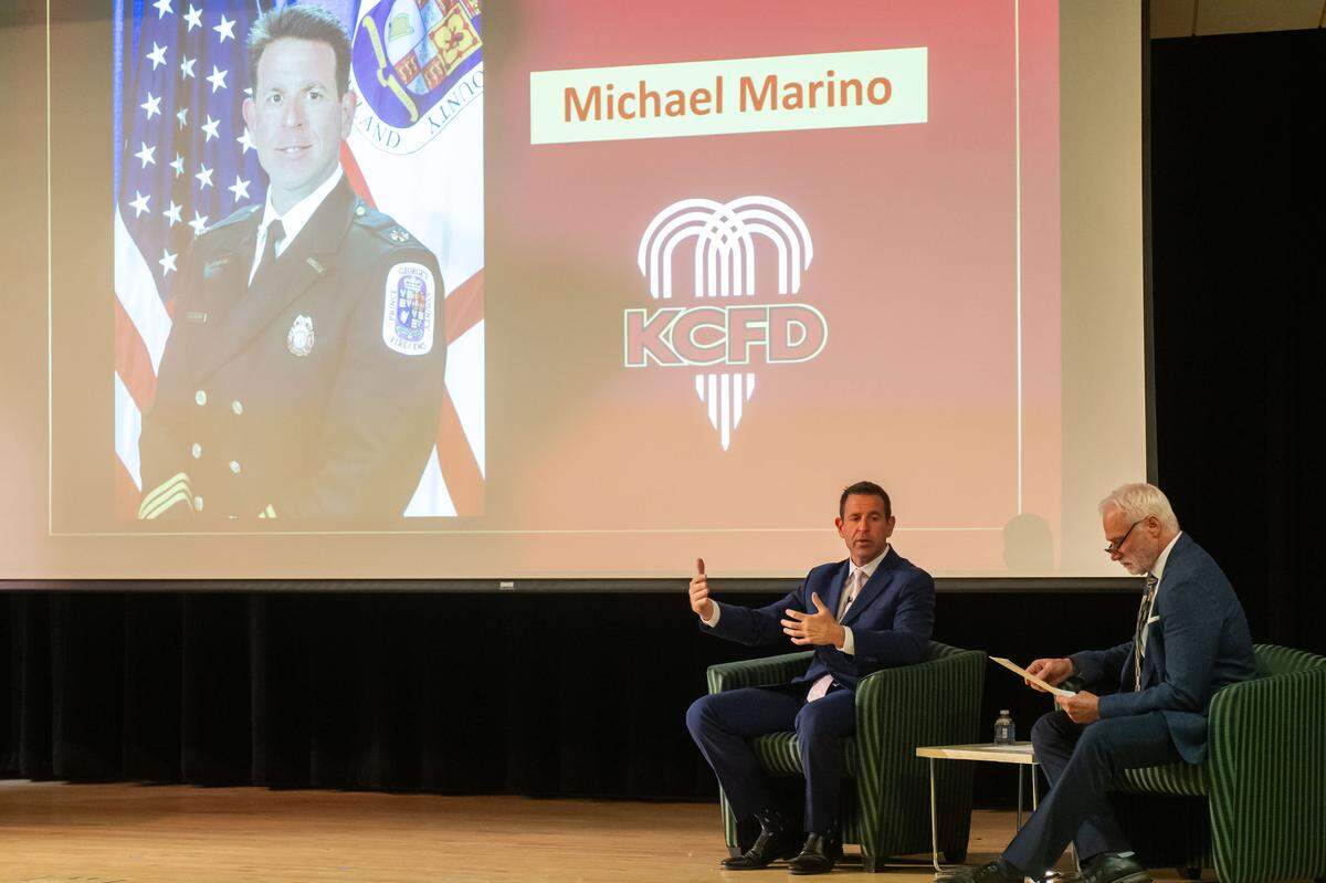 Mike Marino, a candidate for KCFD Chief, responds to a question during a public forum at the Truman Forum Auditorium at the Kansas City Public Library, on Thursday, December 4, 2025. Candidates answered questions separately about how they would approach the position.