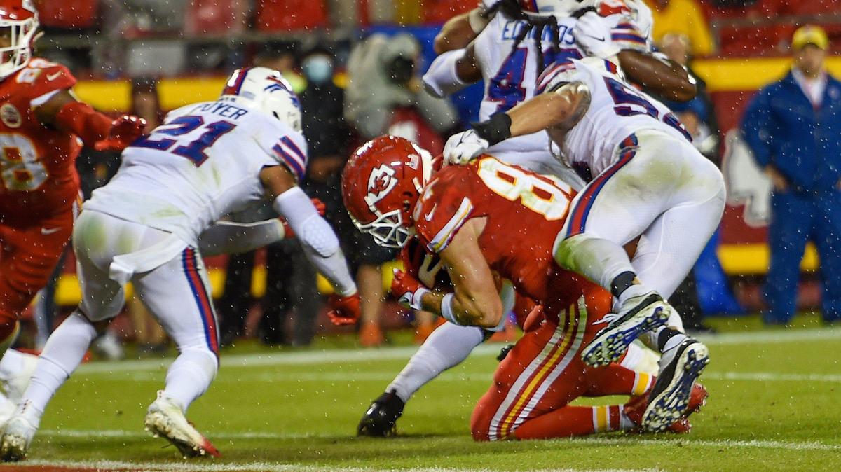 Kansas City Chiefs tight end Travis Kelce was stopped short of the goal, but came away with a first-down in the second-half of game action against Buffalo on Sunday, Oct. 10, 2021, at Arrowhead Stadium in Kansas City. The Bills defeated the Chiefs, 38-20.